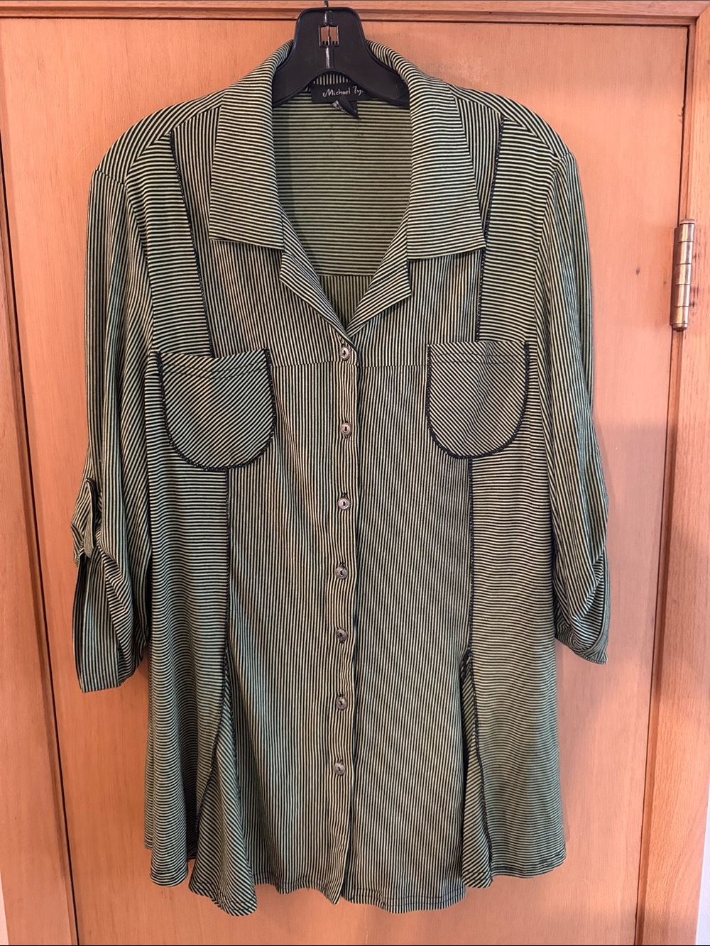 Michael Tyler Women’s Striped Button-Front Tunic Top Shirt Green Black Large